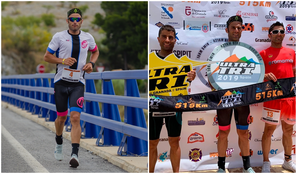 HACIA LA VICTORIA. Antonio José Cabila cruza el puente de Vélez en la doble maratón de la última etapa. Rubén Otero (izquierda) y Fernando Merlo (derecha) le acompañaron en el podio final de la Ultra Tri Spain 2019.